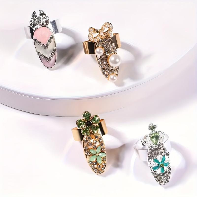 12Pcs Crystal Nail Finger Rings Crown Bowknot Charms