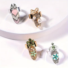 12Pcs Crystal Nail Finger Rings Crown Bowknot Charms