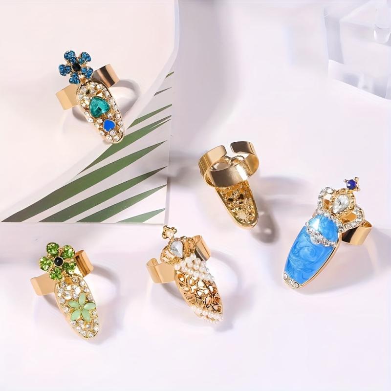 12Pcs Crystal Nail Finger Rings Crown Bowknot Charms
