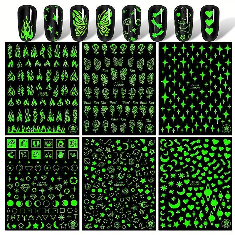 6 Sheets 3D Luminous Flower Nail Art Stickers Self Adhesive Decals