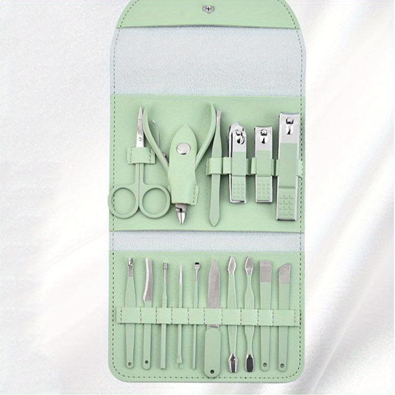 Manicure Set Nail Clipper with File Exfoliating Gift 16 Pc Set Green