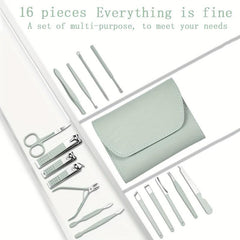 Manicure Set Nail Clipper with File Exfoliating Gift 16 Pc Set Green