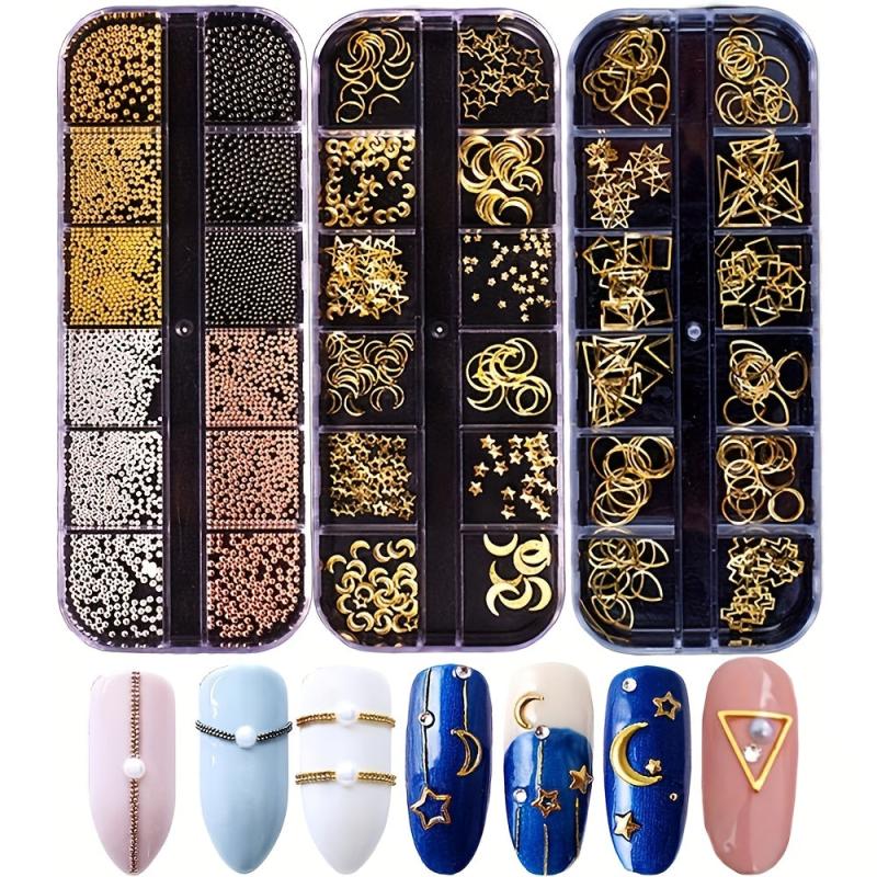800pc Nail Charms Studs Beads Rivet Decals Moon Stars Set with Tweezers