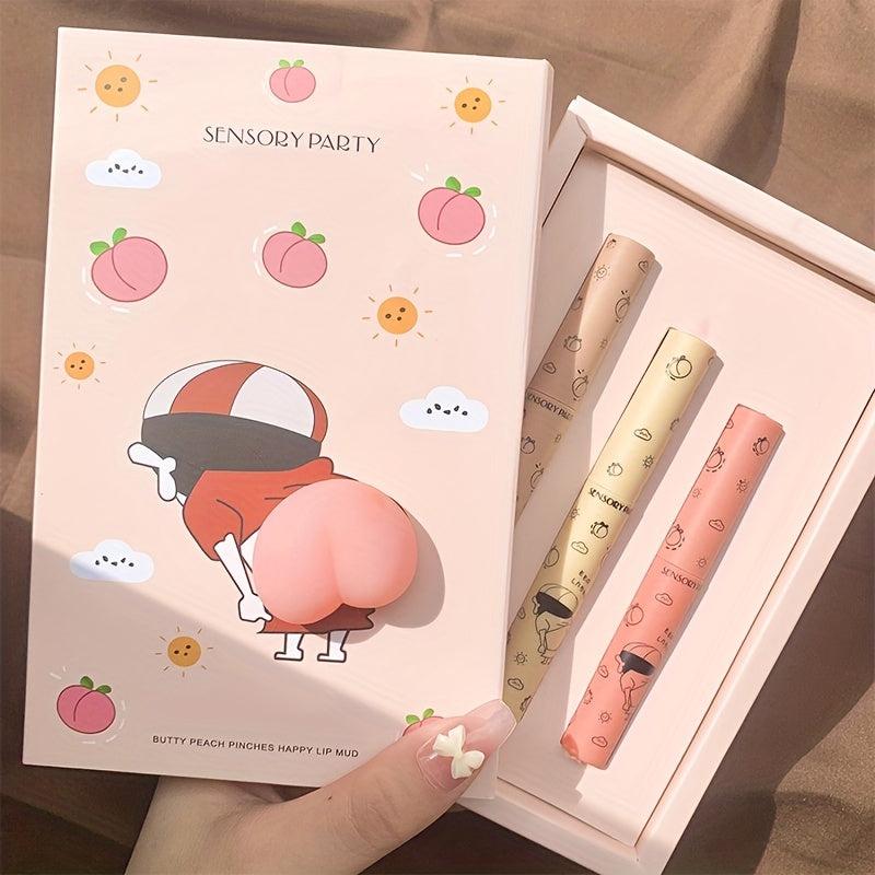 Sweet Fart Peach 3 Pcs Set Lipstick Lip Glaze Long Lasting Waterproof