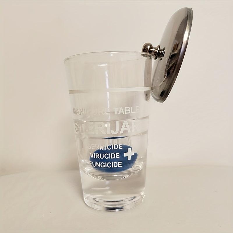 Nail Art Crystal Disinfection Glass Cup Stainless Steel Metal Lid