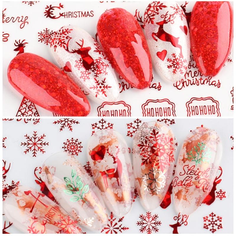 9pcs Red Christmas Nail Art Stickers Snowflakes Trees Snowmen