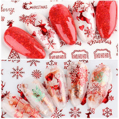 9pcs Red Christmas Nail Art Stickers Snowflakes Trees Snowmen