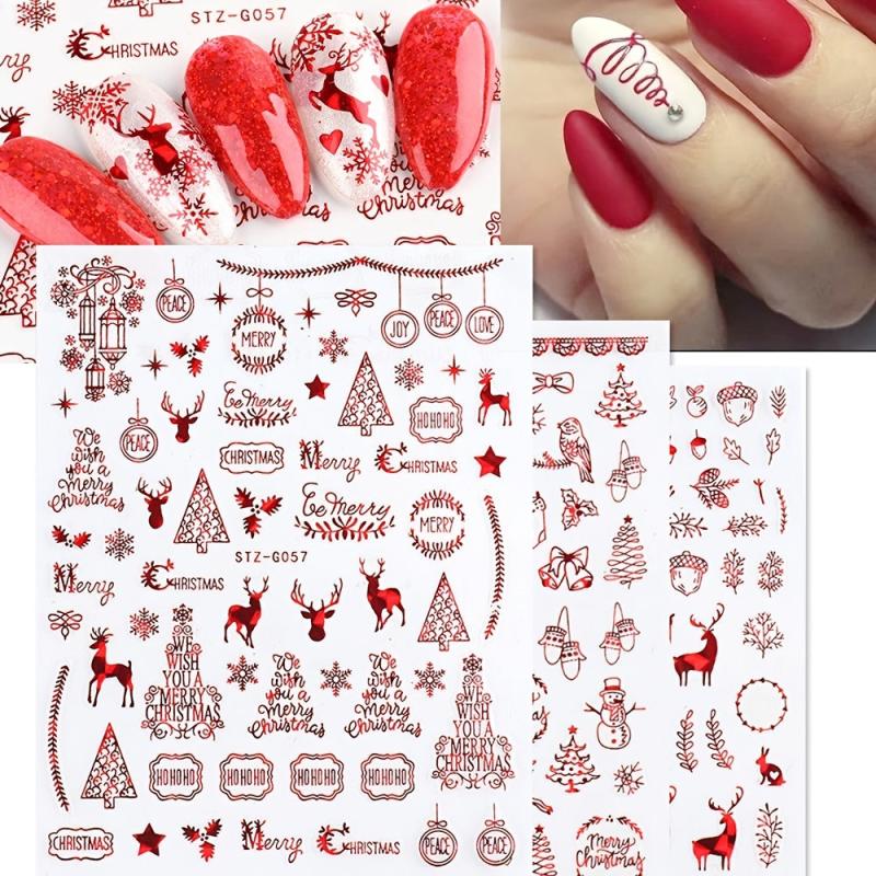 9pcs Red Christmas Nail Art Stickers Snowflakes Trees Snowmen