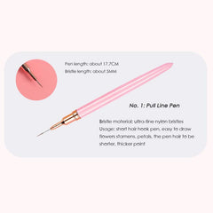 5pcs Fine Striper Brush Set for Nail Art - Pink Metal Handle