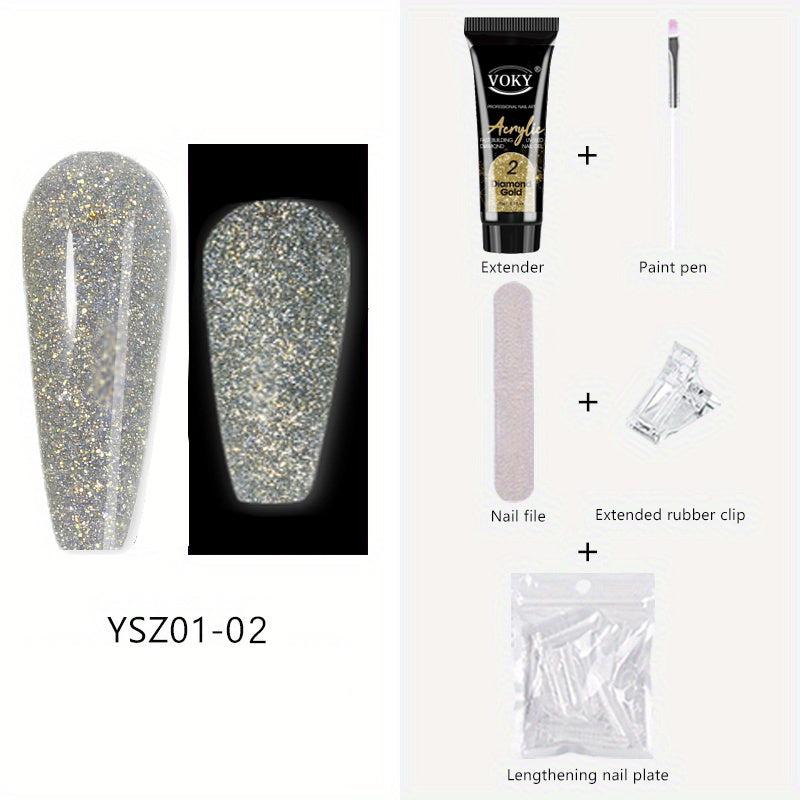 Reflective Glitter Nail Gel Kit with Nail File - 24pcs Nail Tips