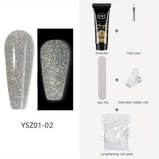 Reflective Glitter Nail Gel Kit with Nail File - 24pcs Nail Tips