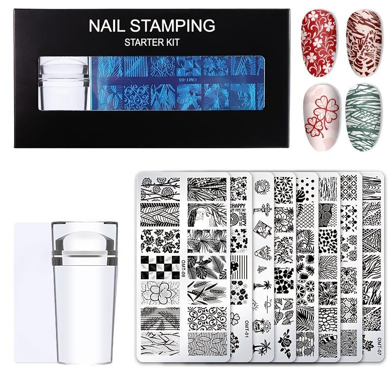 Nail Stamping Plates Kit with Stamper Leaves Flowers & Animals Designs