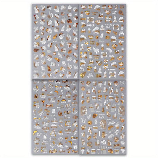 4 Sheets 3D Nail Decals With Leaves And Flame Bird