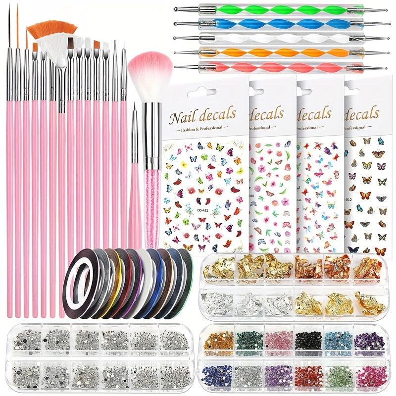 Nail Art Kit with Accessories, Brush, Dotting Tools, Stickers, Rhinestones