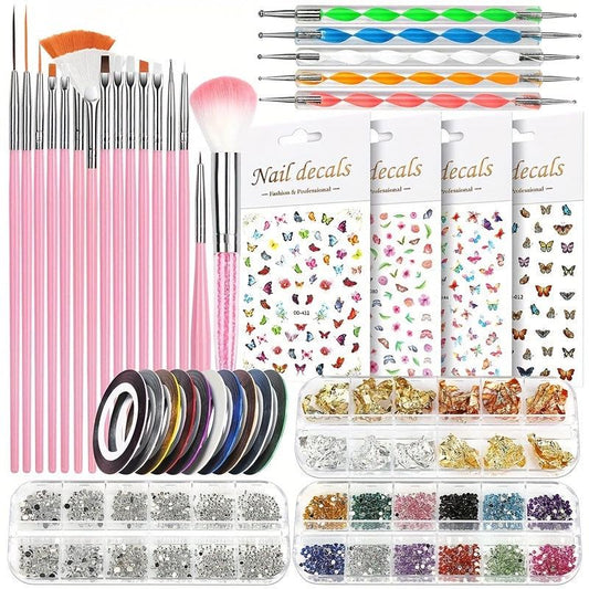 Nail Art Kit with Accessories, Brush, Dotting Tools, Stickers, Rhinestones