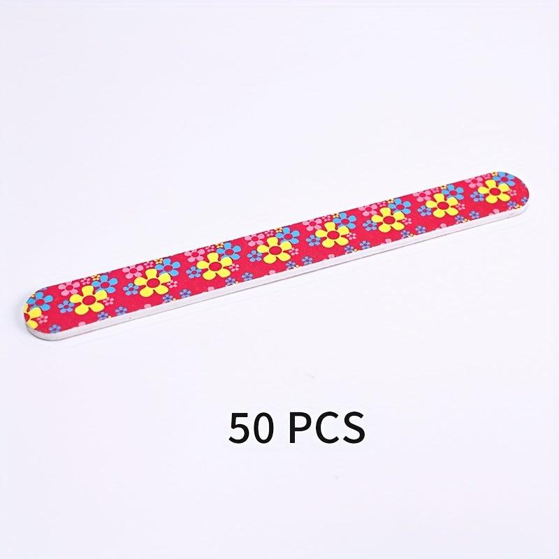 50pcs Colorful Nail File Strips Rainbow Flowers Double Sided File