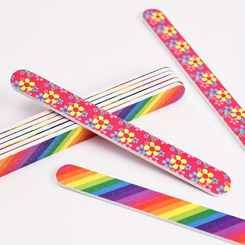 50pcs Colorful Nail File Strips Rainbow Flowers Double Sided File