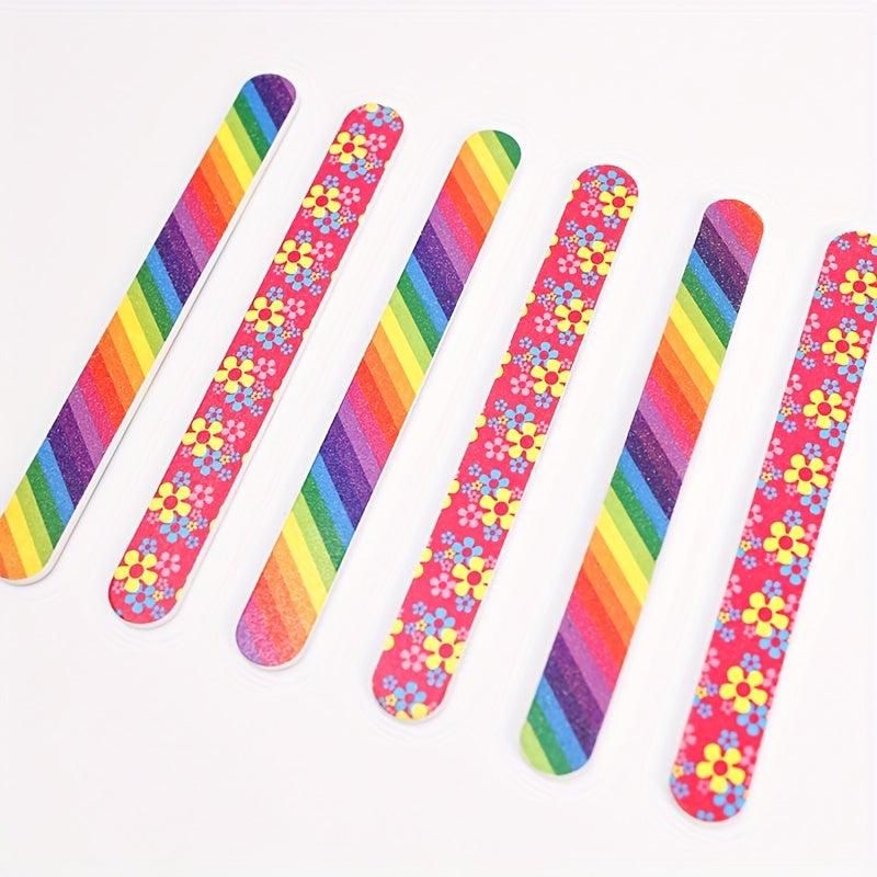 50pcs Colorful Nail File Strips Rainbow Flowers Double Sided File