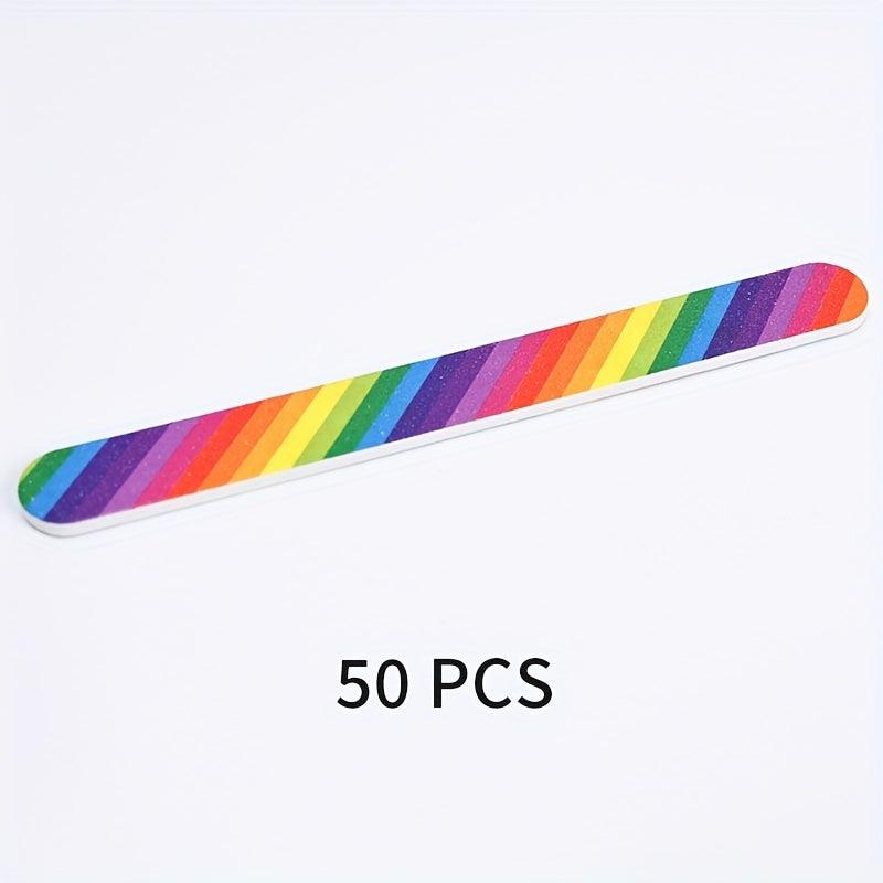 50pcs Colorful Nail File Strips Rainbow Flowers Double Sided File