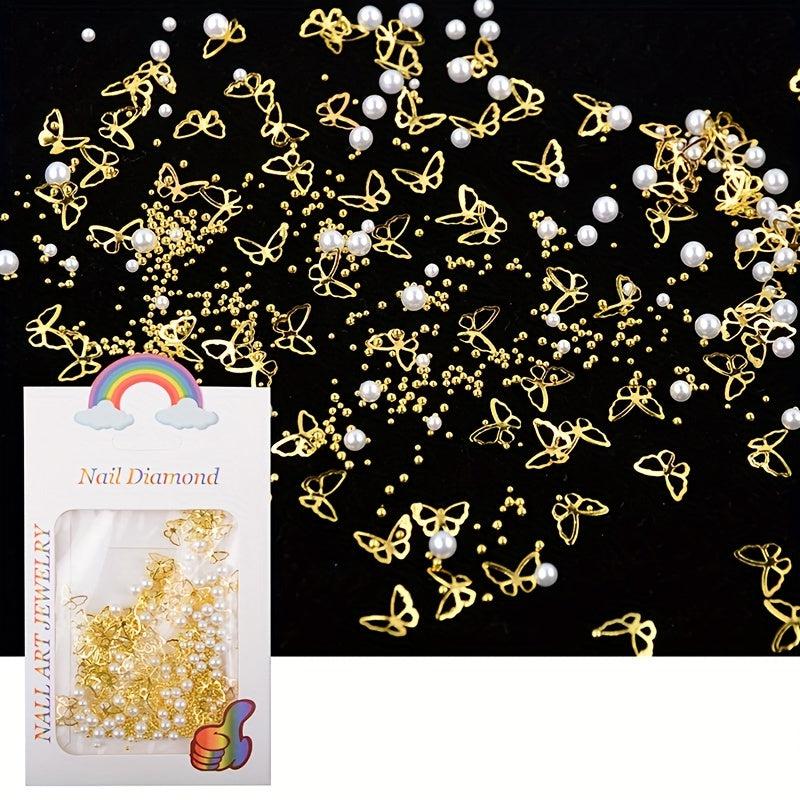 Mixed Mini Beads Pearl Butterfly Flower Golden Nail Art Decorations