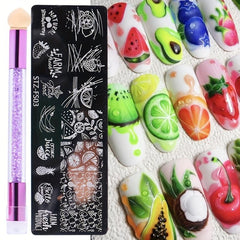 2pcs Nail Stamping Plates Set Geometry Fruit Stencils Summer Manicure Tool