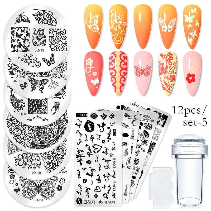 10 Pcs Nail Stamp Template Set with Flowers Butterfly Animals Leaves Board
