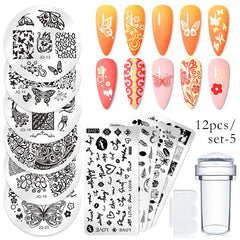 10 Pcs Nail Stamp Template Set with Flowers Butterfly Animals Leaves Board