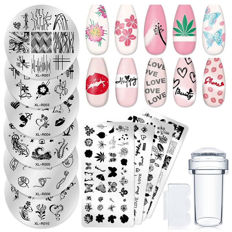 10 Pcs Nail Stamp Template Set with Flowers Butterfly Animals Leaves Board