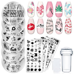 10 Pcs Nail Stamp Template Set with Flowers Butterfly Animals Leaves Board