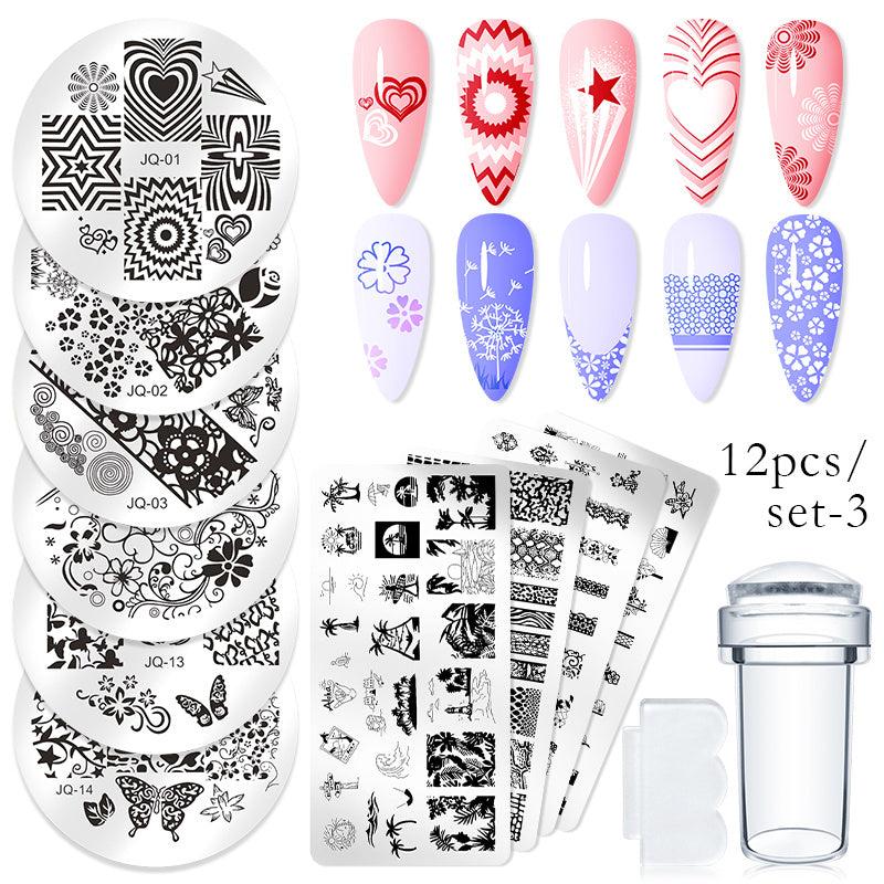 10 Pcs Nail Stamp Template Set with Flowers Butterfly Animals Leaves Board