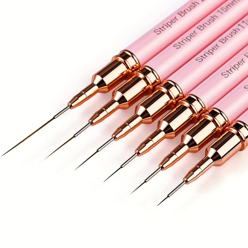6pcs Striping Nail Art Brushes Fine Striper Brush Set Pink Metal Handle Nai