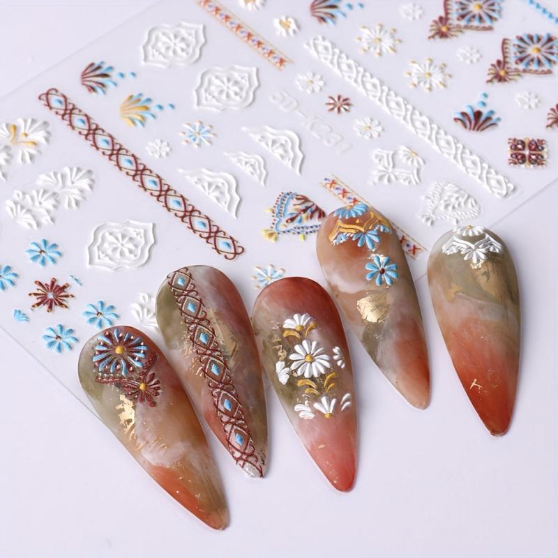 Bohemian Nail Art Stickers 5D Embossed Decals Colorful Self Adhesive Supplies