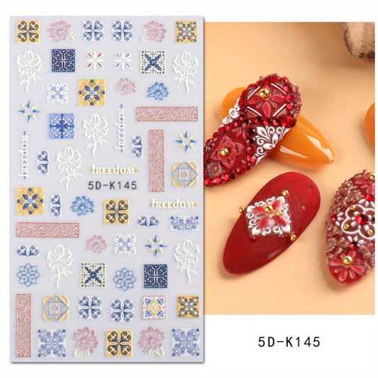 Bohemian Nail Art Stickers 5D Embossed Decals Colorful Self Adhesive Supplies