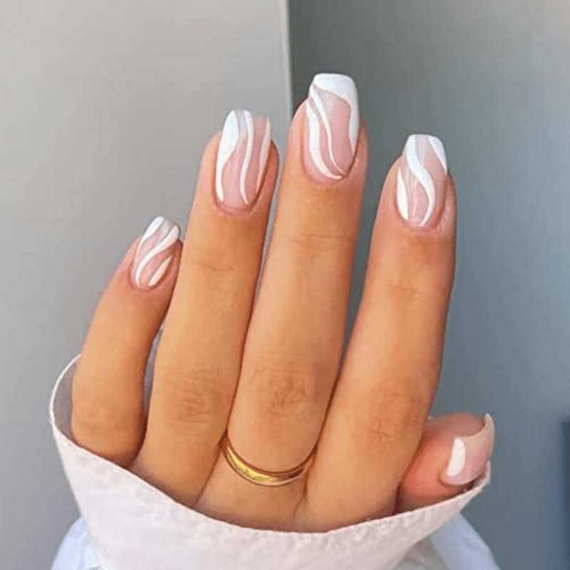 24pcs Swirl Square Press On Nails Short Geometry False Nails for Women