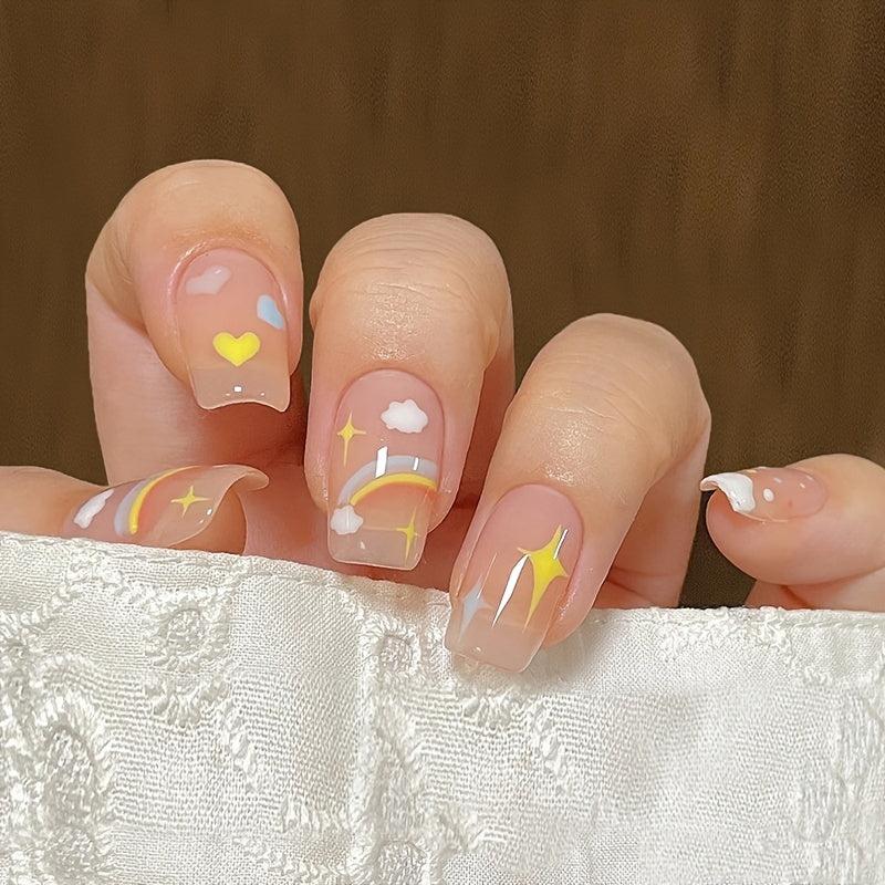 24 pcs Rainbow Hearts Coffin Nails Medium Length Full Cover False Nails
