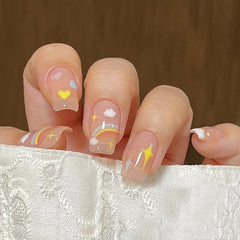 24 pcs Rainbow Hearts Coffin Nails Medium Length Full Cover False Nails