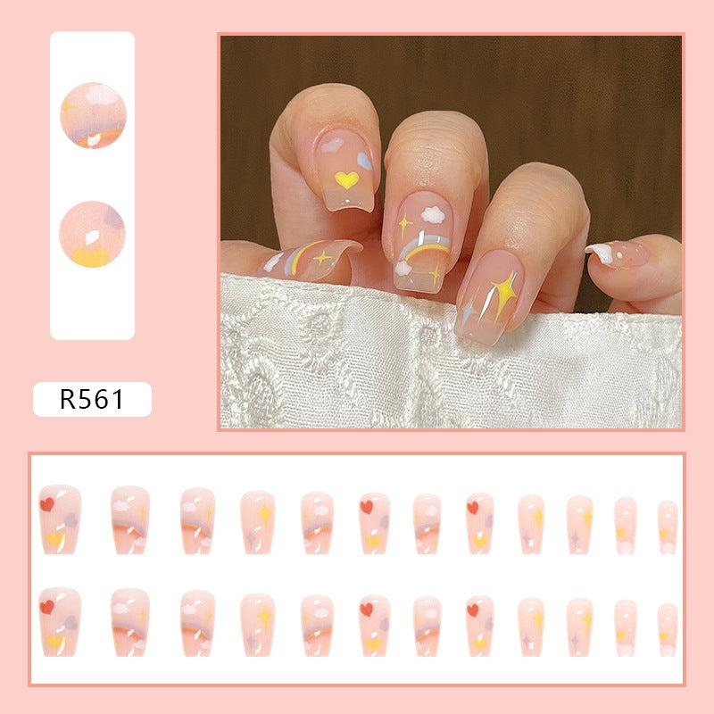 24 pcs Rainbow Hearts Coffin Nails Medium Length Full Cover False Nails