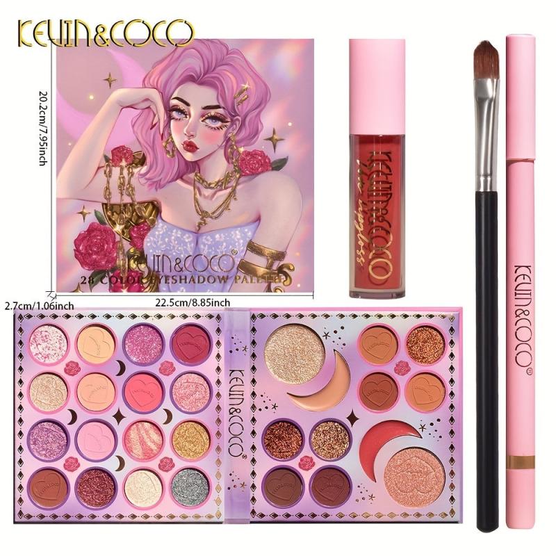 28 Eyeshadow Palette Set with Lip Glaze High Gloss Pearly Makeup Brush Set