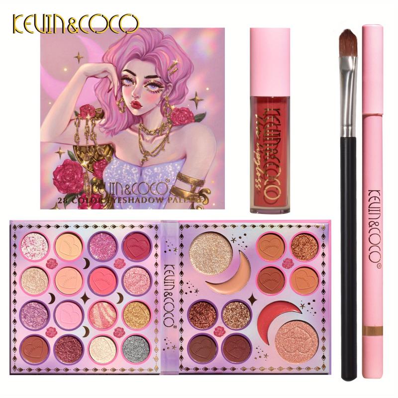 28 Eyeshadow Palette Set with Lip Glaze High Gloss Pearly Makeup Brush Set