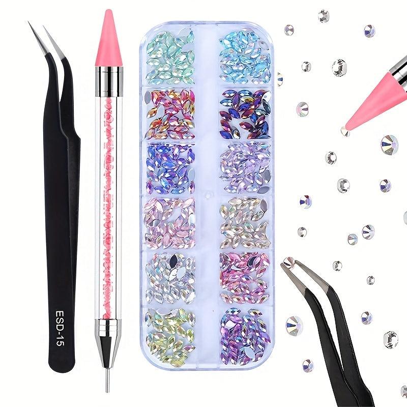 3pcs 3D Rhinestone Nail Charms with Double Headed Stickers DIY Nail Art Decor