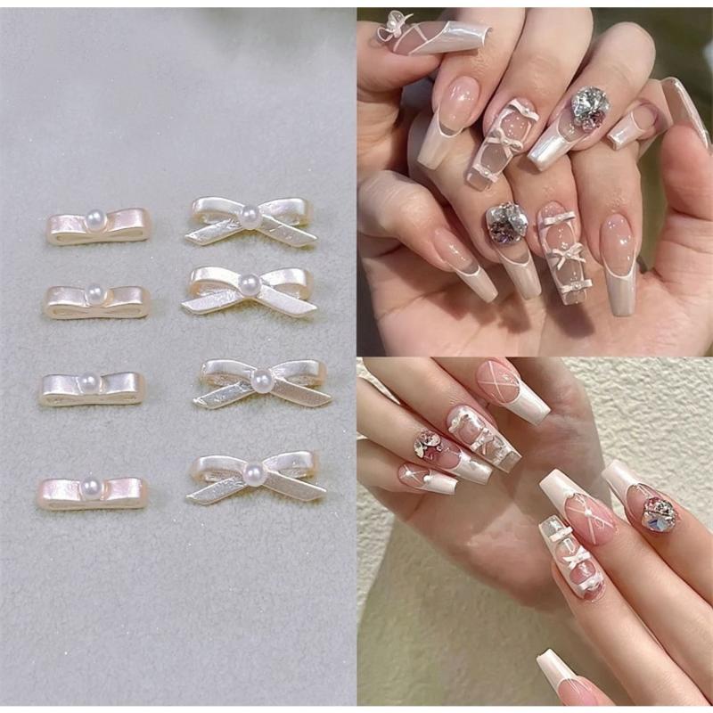 12pcs Ballet Bowknot Nail Charms Pearls 3D Nail Accessories DIY Nail Salons