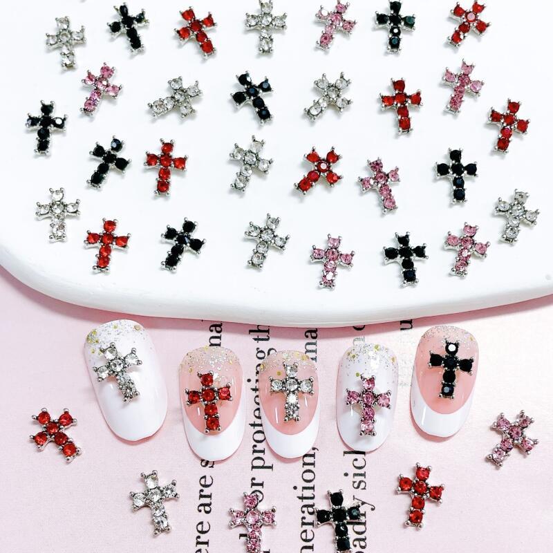 Cross Nail Charms With Rhinestones 3D Alloy Cross Shape Nail Gems