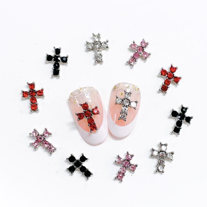 Cross Nail Charms With Rhinestones 3D Alloy Cross Shape Nail Gems