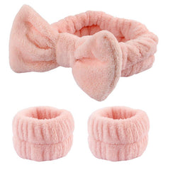3Pcs Women's Bow Hair Band & Wristband Set for Face Washing, Makeup, Skincare