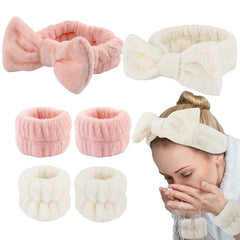 3Pcs Women's Bow Hair Band & Wristband Set for Face Washing, Makeup, Skincare