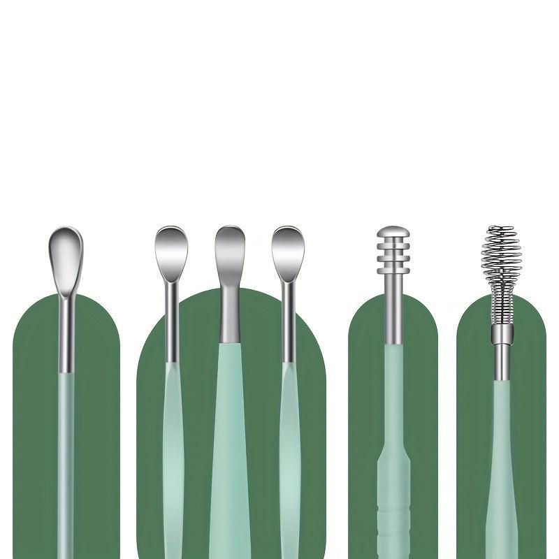 Portable Spring Ear Wax Cleaning Tool Stainless Steel Spoon Kit Green