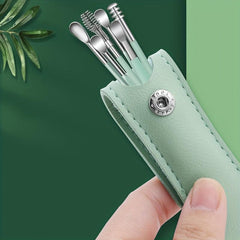 Portable Spring Ear Wax Cleaning Tool Stainless Steel Spoon Kit Green