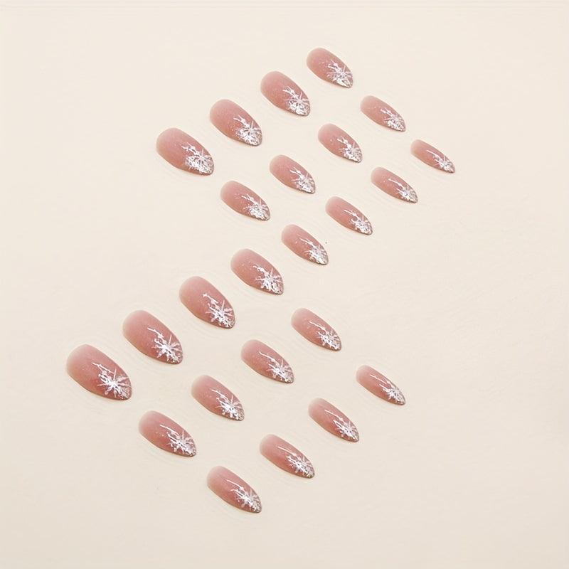 24pcs Snowflake French Tip Press On Nails Almond Shape Glitter Full Coverage