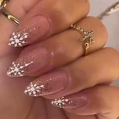 24pcs Snowflake French Tip Press On Nails Almond Shape Glitter Full Coverage