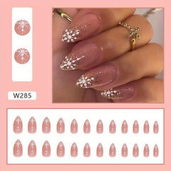 24pcs Snowflake French Tip Press On Nails Almond Shape Glitter Full Coverage
